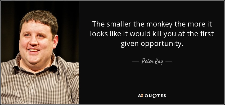 The smaller the monkey the more it looks like it would kill you at the first given opportunity. - Peter Kay