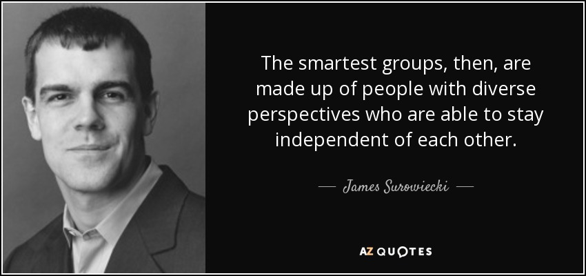 The smartest groups, then, are made up of people with diverse perspectives who are able to stay independent of each other. - James Surowiecki