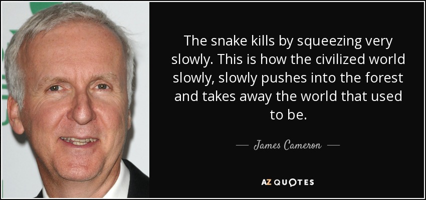 The snake kills by squeezing very slowly. This is how the civilized world slowly, slowly pushes into the forest and takes away the world that used to be. - James Cameron