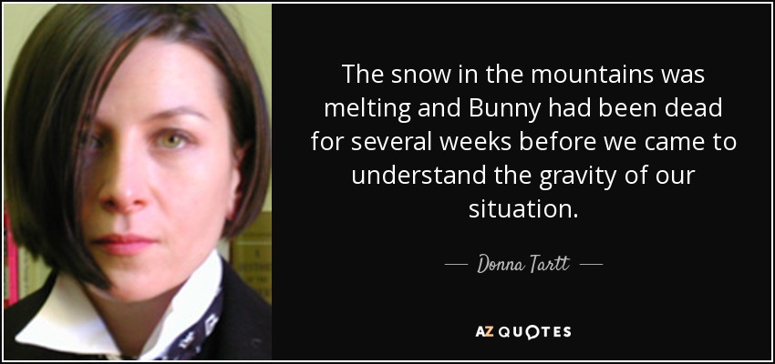 The snow in the mountains was melting and Bunny had been dead for several weeks before we came to understand the gravity of our situation. - Donna Tartt