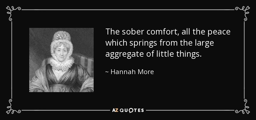 The sober comfort, all the peace which springs from the large aggregate of little things. - Hannah More