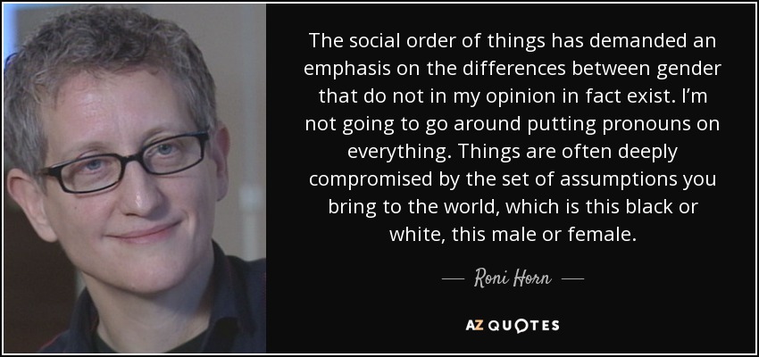 The social order of things has demanded an emphasis on the differences between gender that do not in my opinion in fact exist. I’m not going to go around putting pronouns on everything. Things are often deeply compromised by the set of assumptions you bring to the world, which is this black or white, this male or female. - Roni Horn