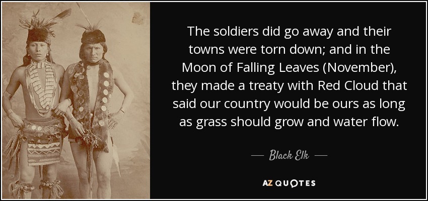The soldiers did go away and their towns were torn down; and in the Moon of Falling Leaves (November), they made a treaty with Red Cloud that said our country would be ours as long as grass should grow and water flow. - Black Elk