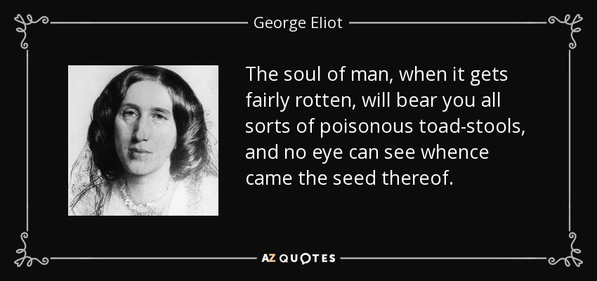The soul of man, when it gets fairly rotten, will bear you all sorts of poisonous toad-stools, and no eye can see whence came the seed thereof. - George Eliot