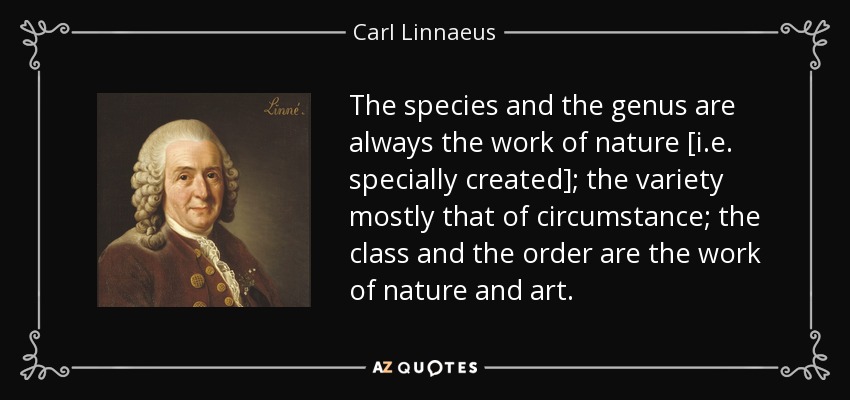 The species and the genus are always the work of nature [i.e. specially created]; the variety mostly that of circumstance; the class and the order are the work of nature and art. - Carl Linnaeus