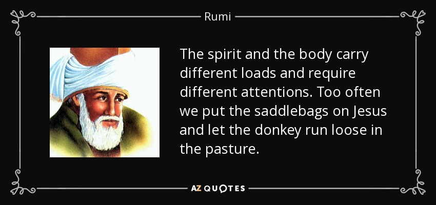 The spirit and the body carry different loads and require different attentions. Too often we put the saddlebags on Jesus and let the donkey run loose in the pasture. - Rumi