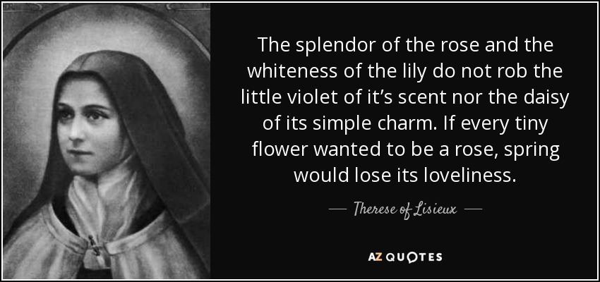 The splendor of the rose and the whiteness of the lily do not rob the little violet of it’s scent nor the daisy of its simple charm. If every tiny flower wanted to be a rose, spring would lose its loveliness. - Therese of Lisieux