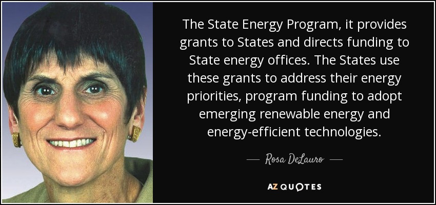 The State Energy Program, it provides grants to States and directs funding to State energy offices. The States use these grants to address their energy priorities, program funding to adopt emerging renewable energy and energy-efficient technologies. - Rosa DeLauro