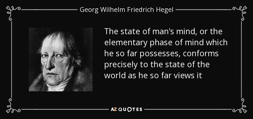 The state of man's mind, or the elementary phase of mind which he so far possesses, conforms precisely to the state of the world as he so far views it - Georg Wilhelm Friedrich Hegel