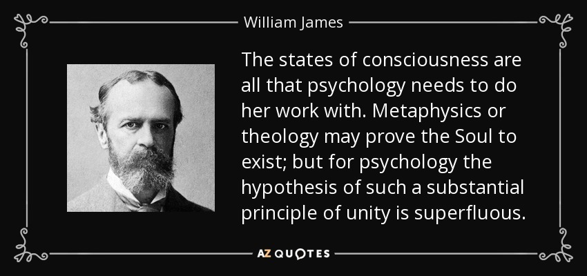 The states of consciousness are all that psychology needs to do her work with. Metaphysics or theology may prove the Soul to exist; but for psychology the hypothesis of such a substantial principle of unity is superfluous. - William James