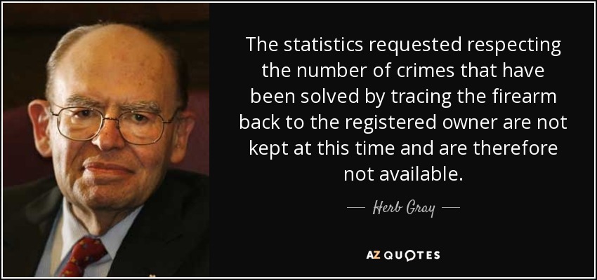 The statistics requested respecting the number of crimes that have been solved by tracing the firearm back to the registered owner are not kept at this time and are therefore not available. - Herb Gray