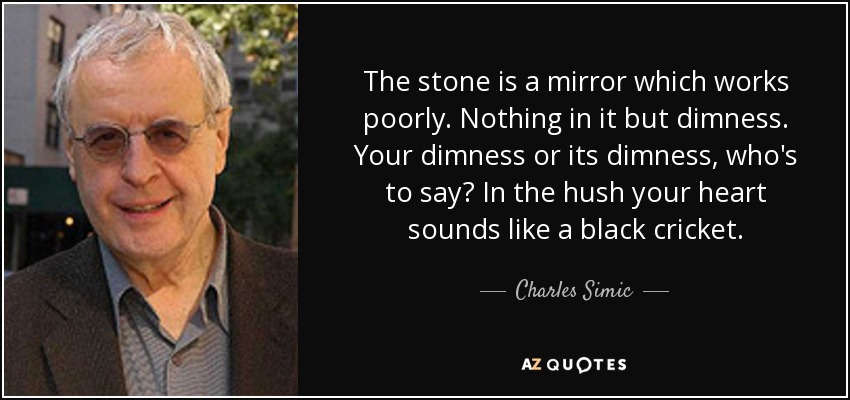 The stone is a mirror which works poorly. Nothing in it but dimness. Your dimness or its dimness, who's to say? In the hush your heart sounds like a black cricket. - Charles Simic