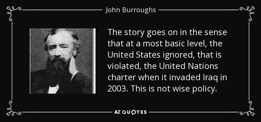 The story goes on in the sense that at a most basic level, the United States ignored, that is violated, the United Nations charter when it invaded Iraq in 2003. This is not wise policy. - John Burroughs