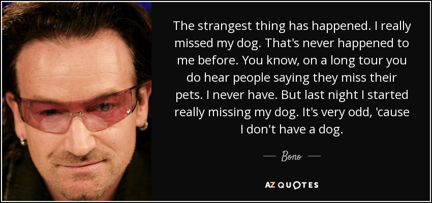 The strangest thing has happened. I really missed my dog. That's never happened to me before. You know, on a long tour you do hear people saying they miss their pets. I never have. But last night I started really missing my dog. It's very odd, 'cause I don't have a dog. - Bono