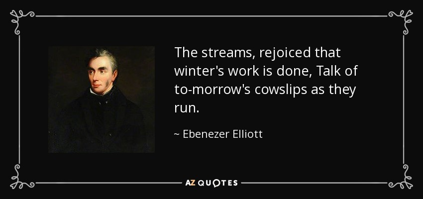 The streams, rejoiced that winter's work is done, Talk of to-morrow's cowslips as they run. - Ebenezer Elliott