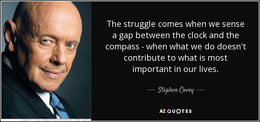 The struggle comes when we sense a gap between the clock and the compass - when what we do doesn't contribute to what is most important in our lives. - Stephen Covey