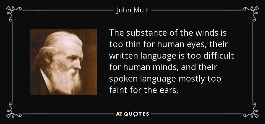The substance of the winds is too thin for human eyes, their written language is too difficult for human minds, and their spoken language mostly too faint for the ears. - John Muir