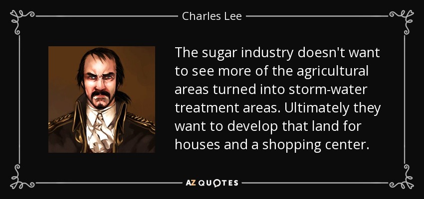 The sugar industry doesn't want to see more of the agricultural areas turned into storm-water treatment areas. Ultimately they want to develop that land for houses and a shopping center. - Charles Lee