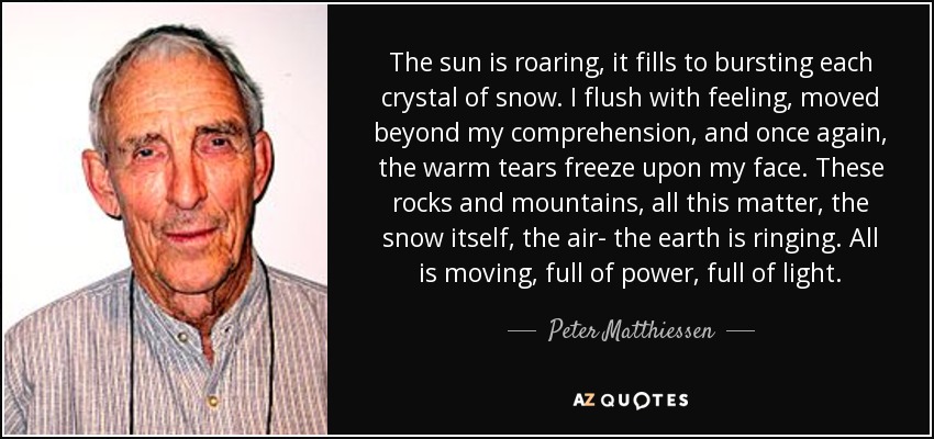 The sun is roaring, it fills to bursting each crystal of snow. I flush with feeling, moved beyond my comprehension, and once again, the warm tears freeze upon my face. These rocks and mountains, all this matter, the snow itself, the air- the earth is ringing. All is moving, full of power, full of light. - Peter Matthiessen