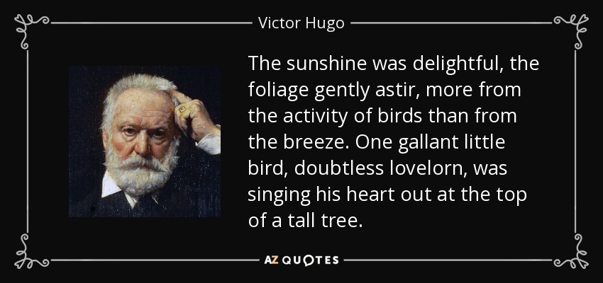 The sunshine was delightful, the foliage gently astir, more from the activity of birds than from the breeze. One gallant little bird, doubtless lovelorn, was singing his heart out at the top of a tall tree. - Victor Hugo