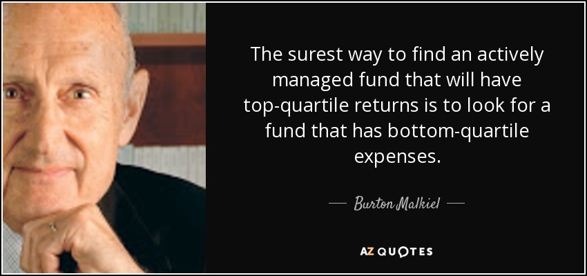 The surest way to find an actively managed fund that will have top-quartile returns is to look for a fund that has bottom-quartile expenses. - Burton Malkiel