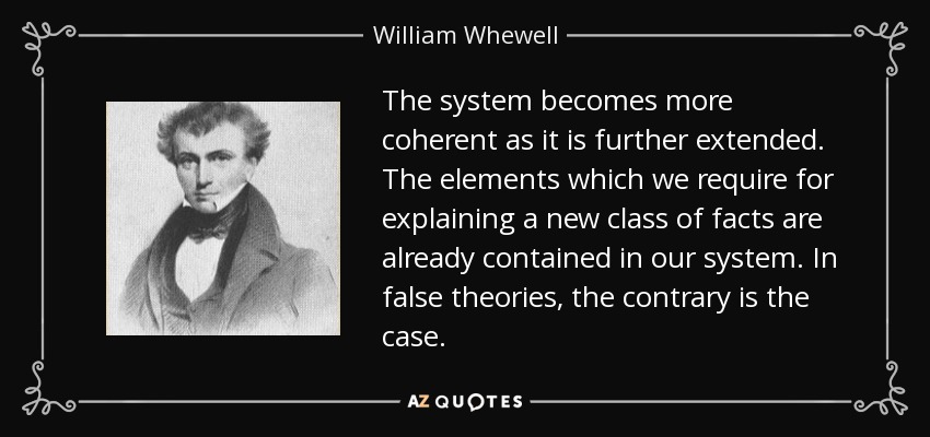 The system becomes more coherent as it is further extended. The elements which we require for explaining a new class of facts are already contained in our system. In false theories, the contrary is the case. - William Whewell