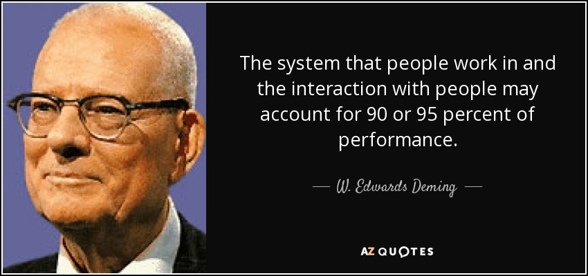The system that people work in and the interaction with people may account for 90 or 95 percent of performance. - W. Edwards Deming