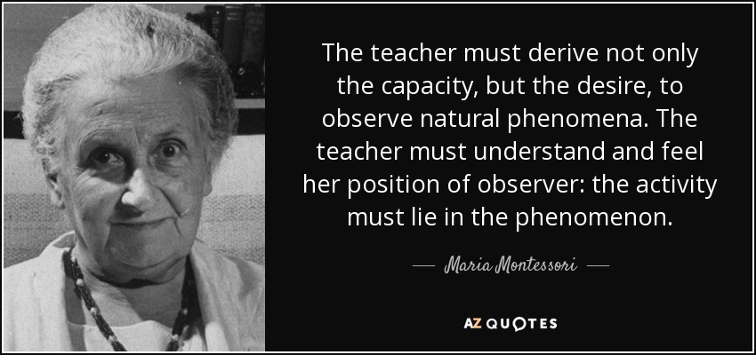 The teacher must derive not only the capacity, but the desire, to observe natural phenomena. The teacher must understand and feel her position of observer: the activity must lie in the phenomenon. - Maria Montessori