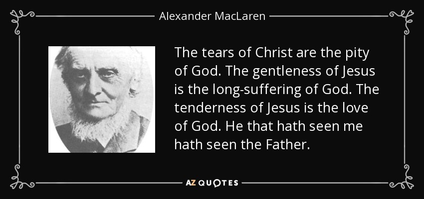 The tears of Christ are the pity of God. The gentleness of Jesus is the long-suffering of God. The tenderness of Jesus is the love of God. He that hath seen me hath seen the Father. - Alexander MacLaren