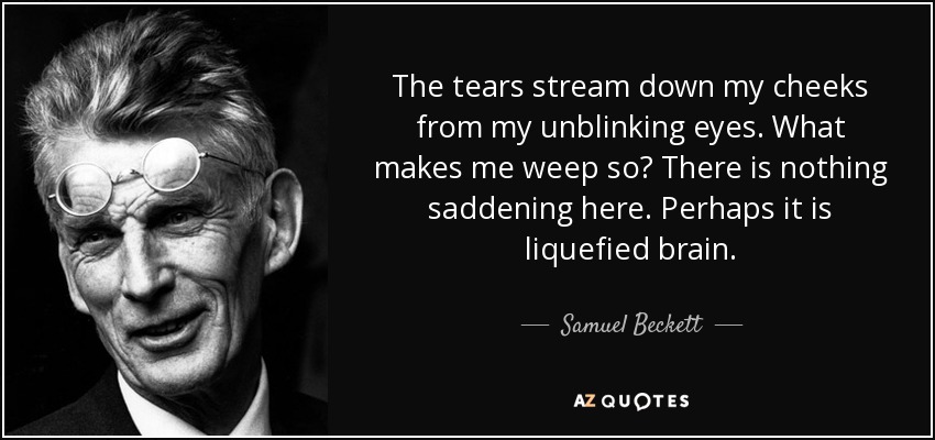 The tears stream down my cheeks from my unblinking eyes. What makes me weep so? There is nothing saddening here. Perhaps it is liquefied brain. - Samuel Beckett