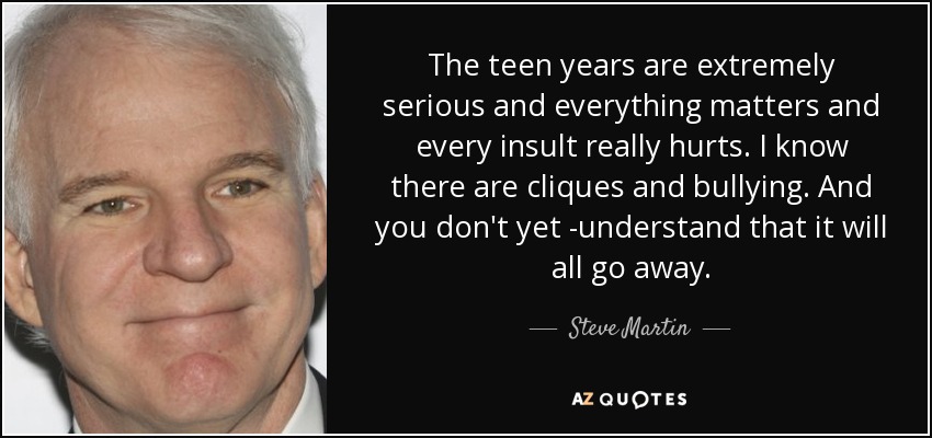 The teen years are extremely serious and everything matters and every insult really hurts. I know there are cliques and bullying. And you don't yet ­understand that it will all go away. - Steve Martin