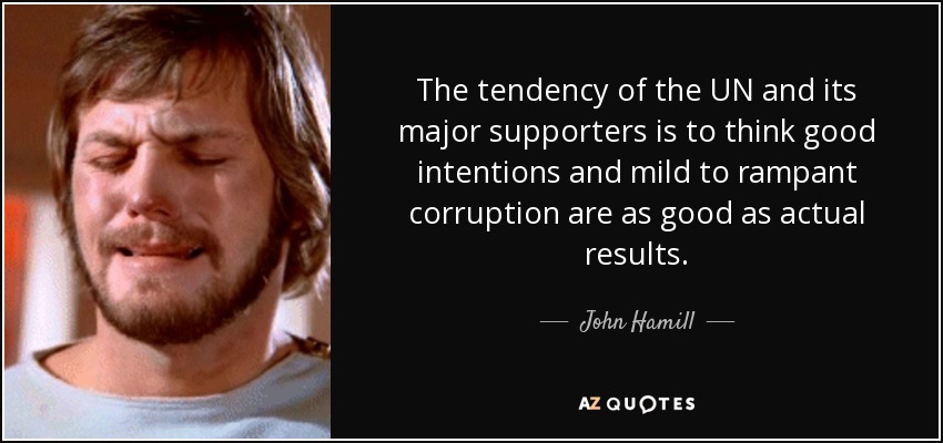 The tendency of the UN and its major supporters is to think good intentions and mild to rampant corruption are as good as actual results. - John Hamill