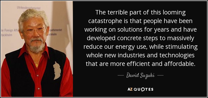 The terrible part of this looming catastrophe is that people have been working on solutions for years and have developed concrete steps to massively reduce our energy use, while stimulating whole new industries and technologies that are more efficient and affordable. - David Suzuki