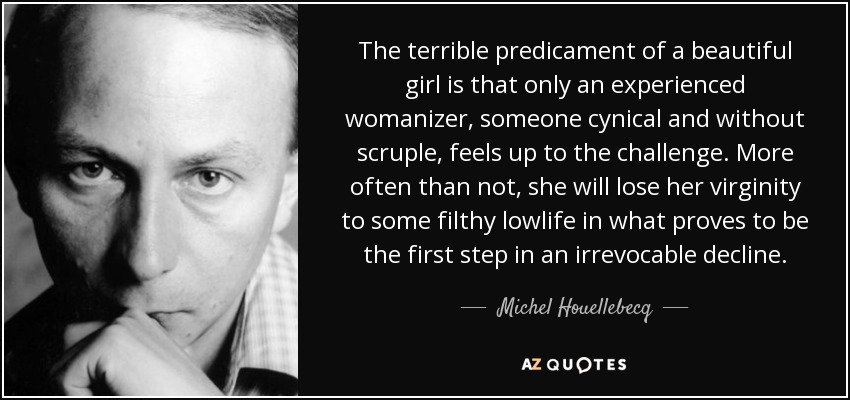 The terrible predicament of a beautiful girl is that only an experienced womanizer, someone cynical and without scruple, feels up to the challenge. More often than not, she will lose her virginity to some filthy lowlife in what proves to be the first step in an irrevocable decline. - Michel Houellebecq