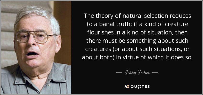 The theory of natural selection reduces to a banal truth: if a kind of creature flourishes in a kind of situation, then there must be something about such creatures (or about such situations, or about both) in virtue of which it does so. - Jerry Fodor