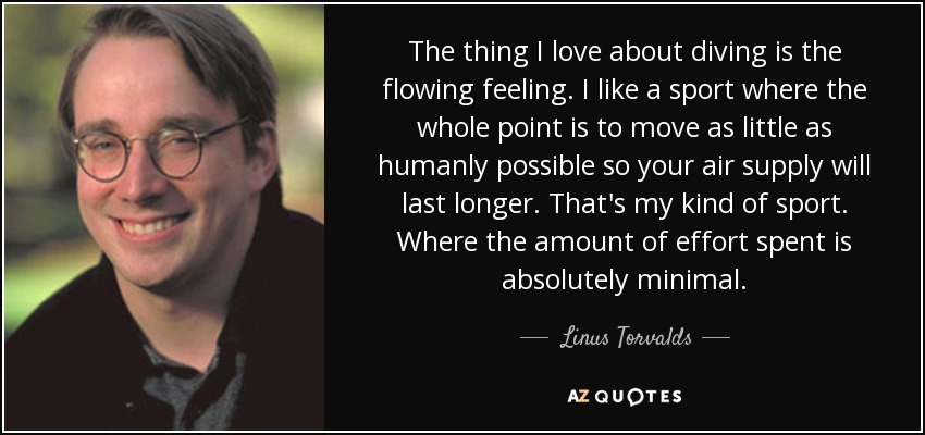 The thing I love about diving is the flowing feeling. I like a sport where the whole point is to move as little as humanly possible so your air supply will last longer. That's my kind of sport. Where the amount of effort spent is absolutely minimal. - Linus Torvalds