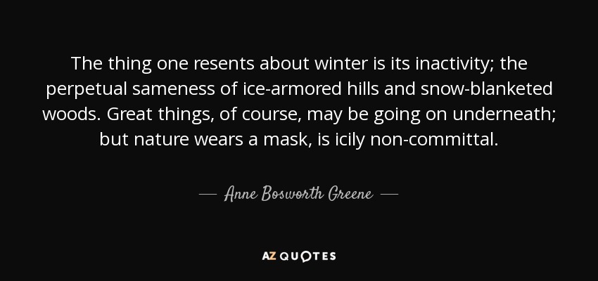The thing one resents about winter is its inactivity; the perpetual sameness of ice-armored hills and snow-blanketed woods. Great things, of course, may be going on underneath; but nature wears a mask, is icily non-committal. - Anne Bosworth Greene