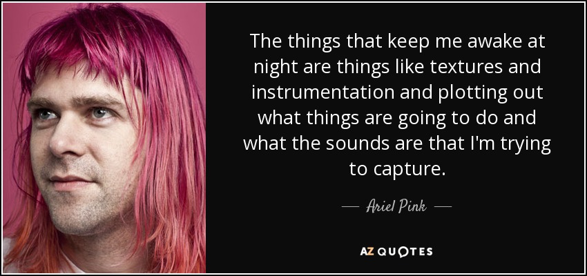 The things that keep me awake at night are things like textures and instrumentation and plotting out what things are going to do and what the sounds are that I'm trying to capture. - Ariel Pink
