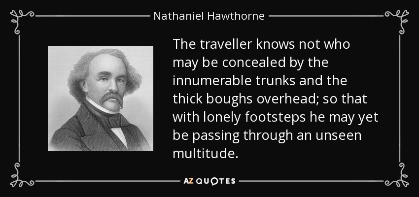 The traveller knows not who may be concealed by the innumerable trunks and the thick boughs overhead; so that with lonely footsteps he may yet be passing through an unseen multitude. - Nathaniel Hawthorne