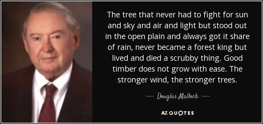 The tree that never had to fight for sun and sky and air and light but stood out in the open plain and always got it share of rain, never became a forest king but lived and died a scrubby thing. Good timber does not grow with ease. The stronger wind, the stronger trees. - Douglas Malloch