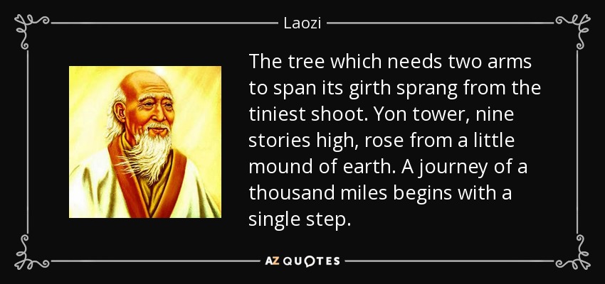 The tree which needs two arms to span its girth sprang from the tiniest shoot. Yon tower, nine stories high, rose from a little mound of earth. A journey of a thousand miles begins with a single step. - Laozi