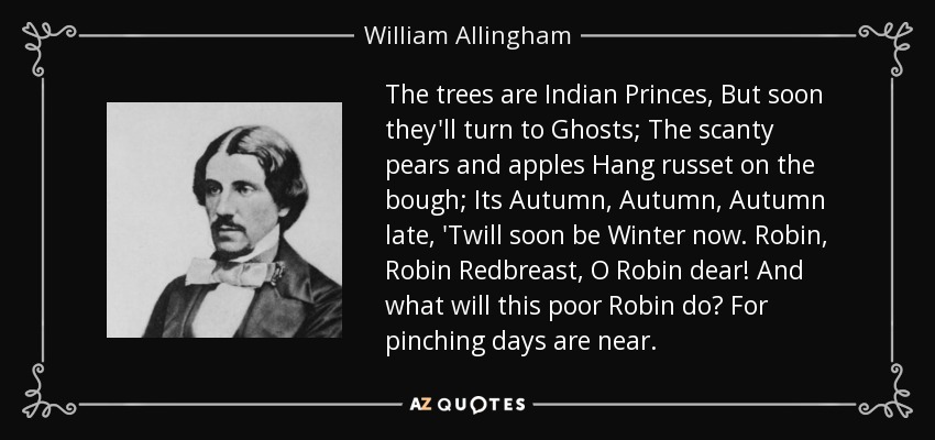The trees are Indian Princes, But soon they'll turn to Ghosts; The scanty pears and apples Hang russet on the bough; Its Autumn, Autumn, Autumn late, 'Twill soon be Winter now. Robin, Robin Redbreast, O Robin dear! And what will this poor Robin do? For pinching days are near. - William Allingham