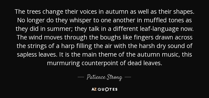 The trees change their voices in autumn as well as their shapes. No longer do they whisper to one another in muffled tones as they did in summer; they talk in a different leaf-language now. The wind moves through the boughs like fingers drawn across the strings of a harp filling the air with the harsh dry sound of sapless leaves. It is the main theme of the autumn music, this murmuring counterpoint of dead leaves. - Patience Strong