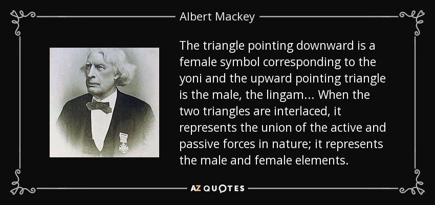 The triangle pointing downward is a female symbol corresponding to the yoni and the upward pointing triangle is the male, the lingam ... When the two triangles are interlaced, it represents the union of the active and passive forces in nature; it represents the male and female elements. - Albert Mackey