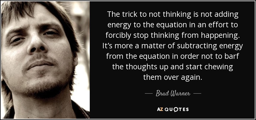The trick to not thinking is not adding energy to the equation in an effort to forcibly stop thinking from happening. It’s more a matter of subtracting energy from the equation in order not to barf the thoughts up and start chewing them over again. - Brad Warner