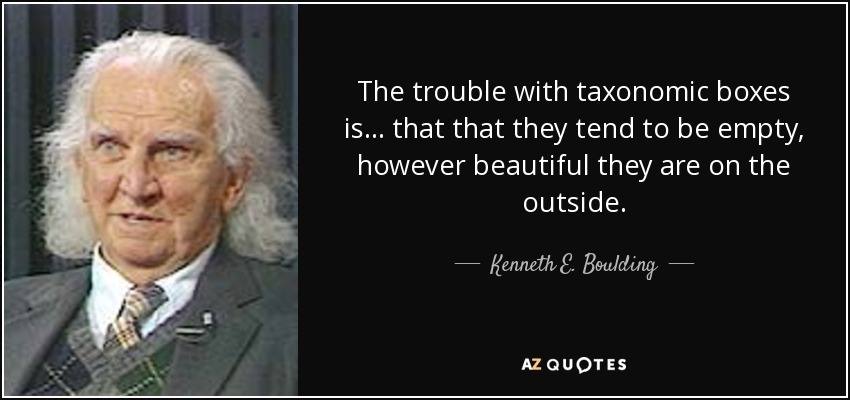 The trouble with taxonomic boxes is... that that they tend to be empty, however beautiful they are on the outside. - Kenneth E. Boulding