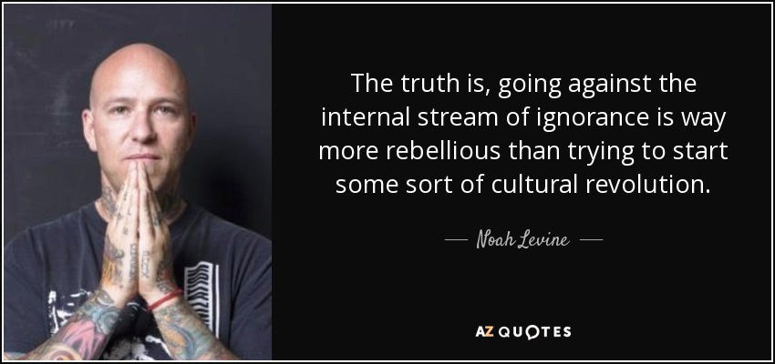 The truth is, going against the internal stream of ignorance is way more rebellious than trying to start some sort of cultural revolution. - Noah Levine