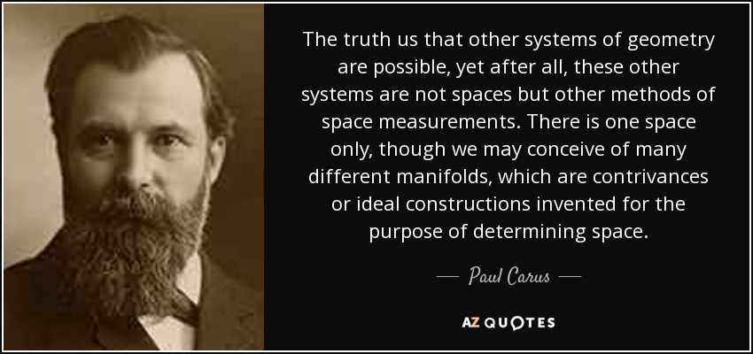 The truth us that other systems of geometry are possible, yet after all, these other systems are not spaces but other methods of space measurements. There is one space only, though we may conceive of many different manifolds, which are contrivances or ideal constructions invented for the purpose of determining space. - Paul Carus