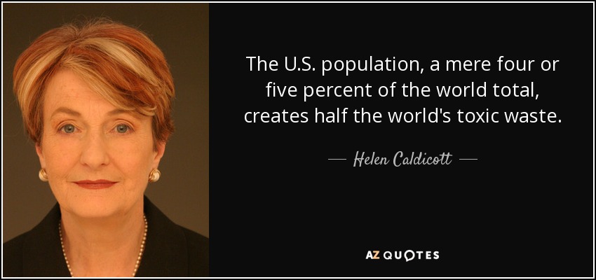 The U.S. population, a mere four or five percent of the world total, creates half the world's toxic waste. - Helen Caldicott