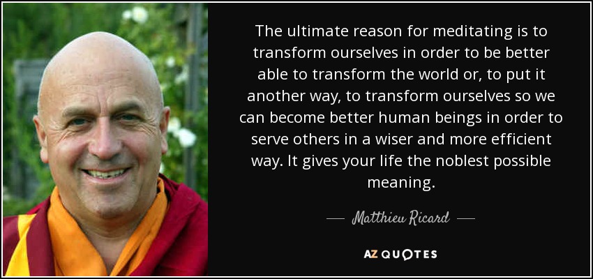 The ultimate reason for meditating is to transform ourselves in order to be better able to transform the world or, to put it another way, to transform ourselves so we can become better human beings in order to serve others in a wiser and more efficient way. It gives your life the noblest possible meaning. - Matthieu Ricard